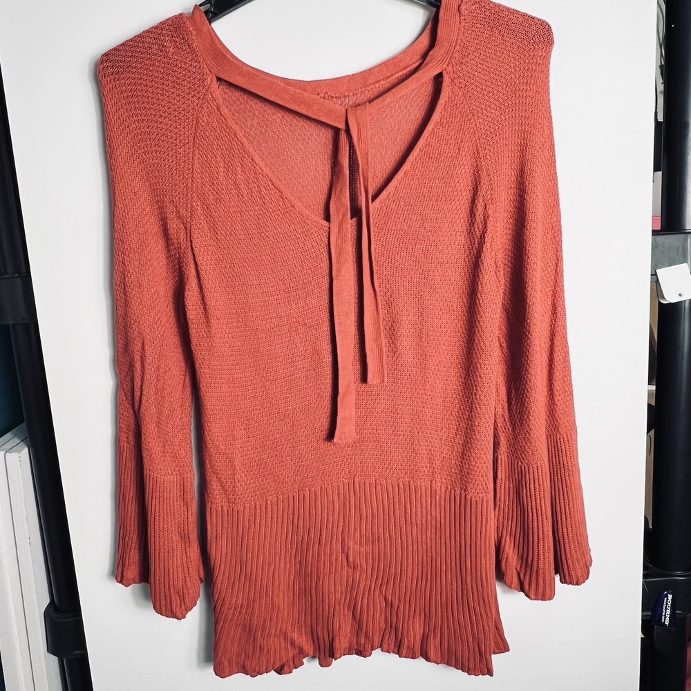 Burnt Orange Knit Tunic Sweater Women's Large Tie Front Ribbed Hem Boho - Picture 1 of 4